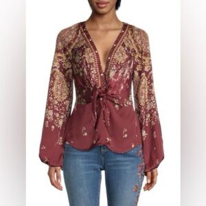 Run Free Floral Plunging-Neck Top Burgundy XS Like New